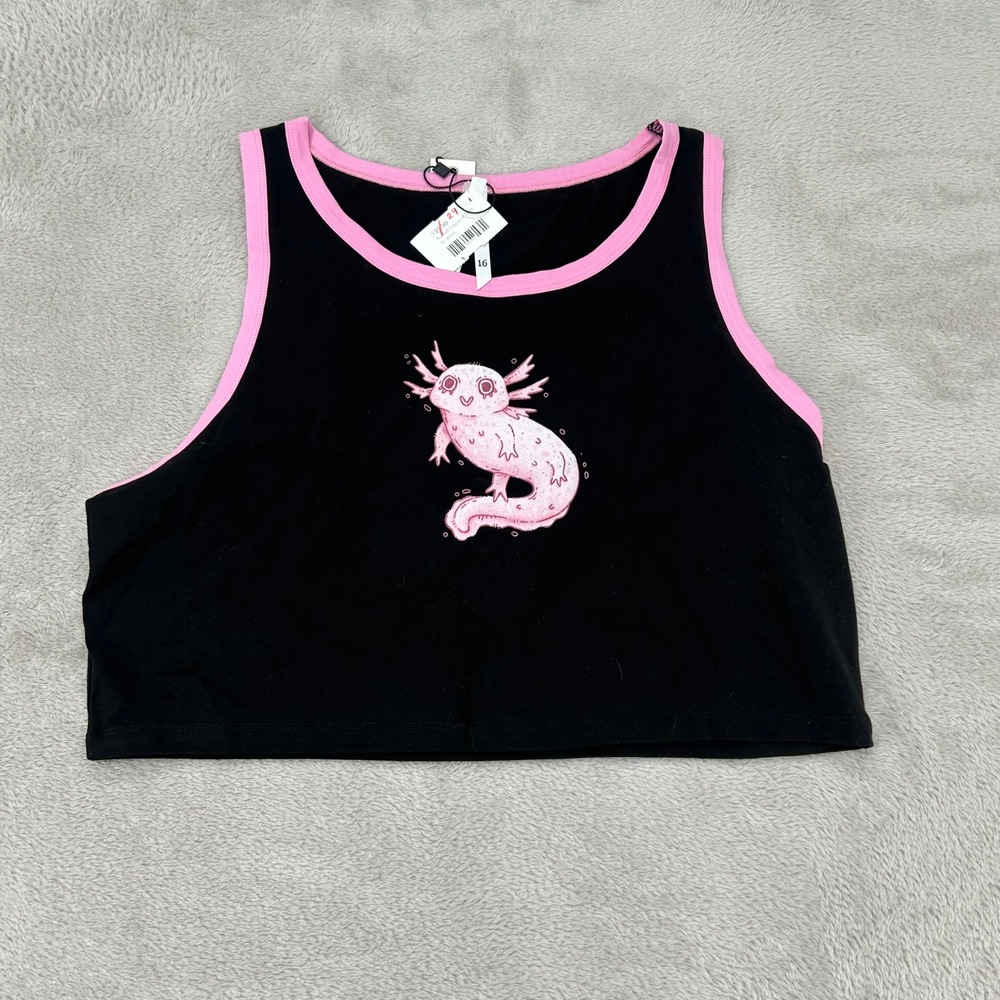NWT Black Friday Axolotl‎ Ringer Cropped Tank Top Womens 16 Cotton Stretch Boxy